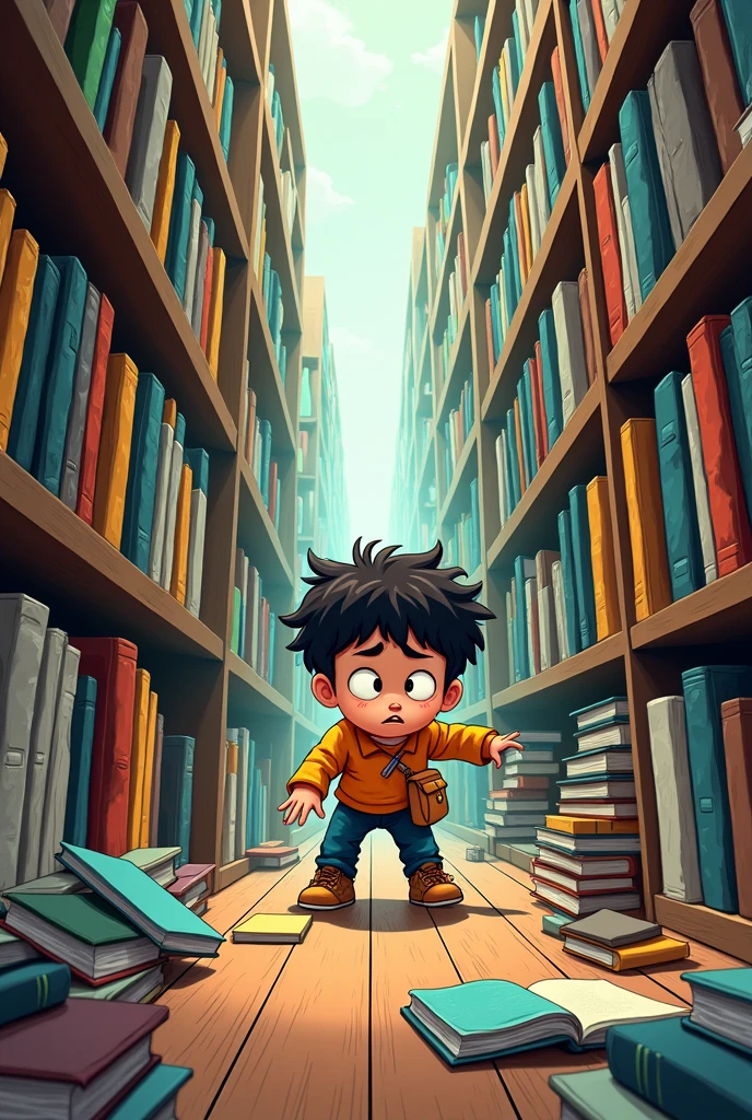 Please can you make me a cartoon in a closed library where a boy is walking and is surrounded by messy books on the shelves with a frustrated and confused expression on his face* What is a little realistic but does not go out of animation please I need this image to be horizontal or lying down