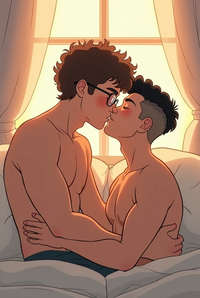 can you create an image anime of a gay couple. the one boy is taller one by couple inch and is a curly brown hair, he have a glasses and he is the other boy is a short one has a black buzz cut, he have a great body and muscular. Make sure the muscle are visible, he looks hot and he looks like a Korean and Filipino mix, he is shorter and smaller than the curly one. . make them sweet to each other and on bed making love and kissing, make them laying on bed. in the style of studio ghibli