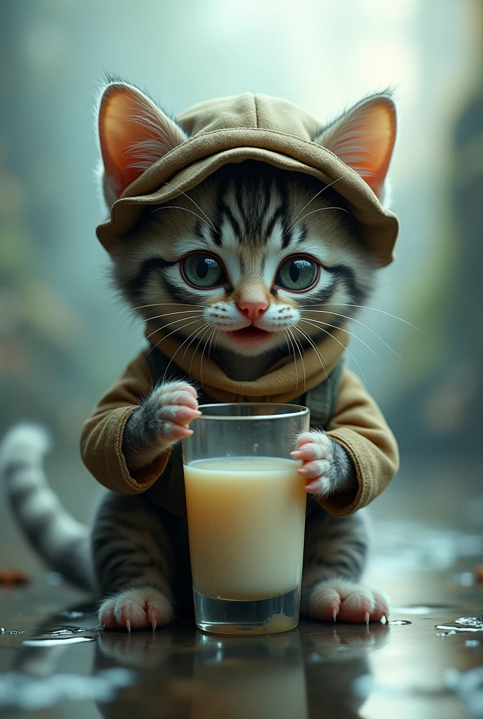 A kitten wearing ragged clothes and a hat, crying with eyes open, streaming tears手里拿着玻璃杯在喝淡的液体 Concept Artistry, reflects an imaginative and surreal environment., Energetic, photo, Concept Art, 3D Rendering3Dtears, 