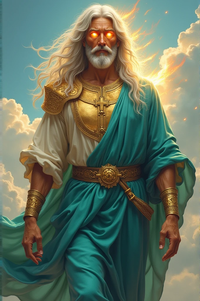 A man dressed in a turquoise linen tunic,
Girding his shoulders with gold ,
arms, hands and feet of bronze,
long white hair,
Add fire flames to the eyes,
with sky background ,
jesus,
Face with light , illuminated bronze-colored Mao
