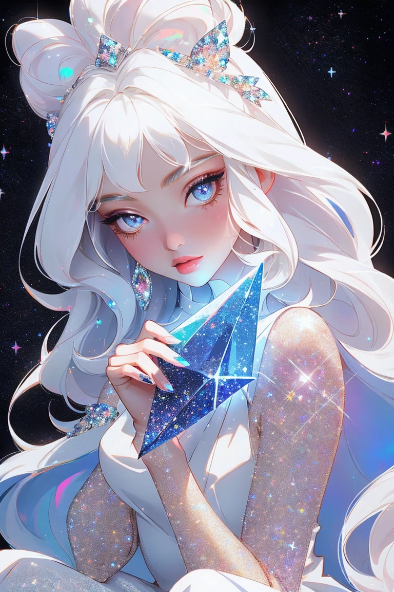 {-erro_de_anatomia:1.0} masterpiece, highest quality, (perfect face:1.1, (high detail)1.1, sweet stardust vampire , long soft white hair, opal eyes, perfectly drawn face, black dress, stars detailed background, prismatic lighting, glitter, whole bod., Very sexy, kneeling holding a crystal star in her hands