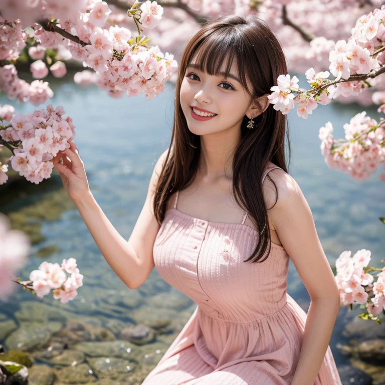 laughing out loud，travel scenery photos，Wear a cute dress，Dress with cherry blossom pattern，1 female, On the face, light brown hair, blunt bangs, hair behind ears, Shoulder-length hair, long hair, Slender body type, 超face slimming型, face slimming, delicate lips, beautiful eyes, Thin blush, Eyes are light brown,View here, (actual:1.3), One person's perspective, 8k, Super detailed, high quality, best quality, High resolution，2,above knee shot，Breast protrusion，Full breasts