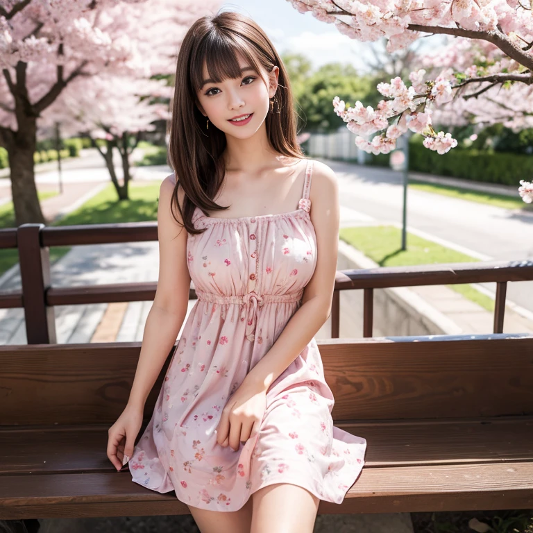 laughing out loud，travel scenery photos，Wear a cute dress，Dress with cherry blossom pattern，1 female, On the face, light brown hair, blunt bangs, hair behind ears, Shoulder-length hair, long hair, Slender body type, 超face slimming型, face slimming, delicate lips, beautiful eyes, Thin blush, Eyes are light brown,View here, (actual:1.3), One person's perspective, 8k, Super detailed, high quality, best quality, High resolution，2,above knee shot，Breast protrusion，Full breasts