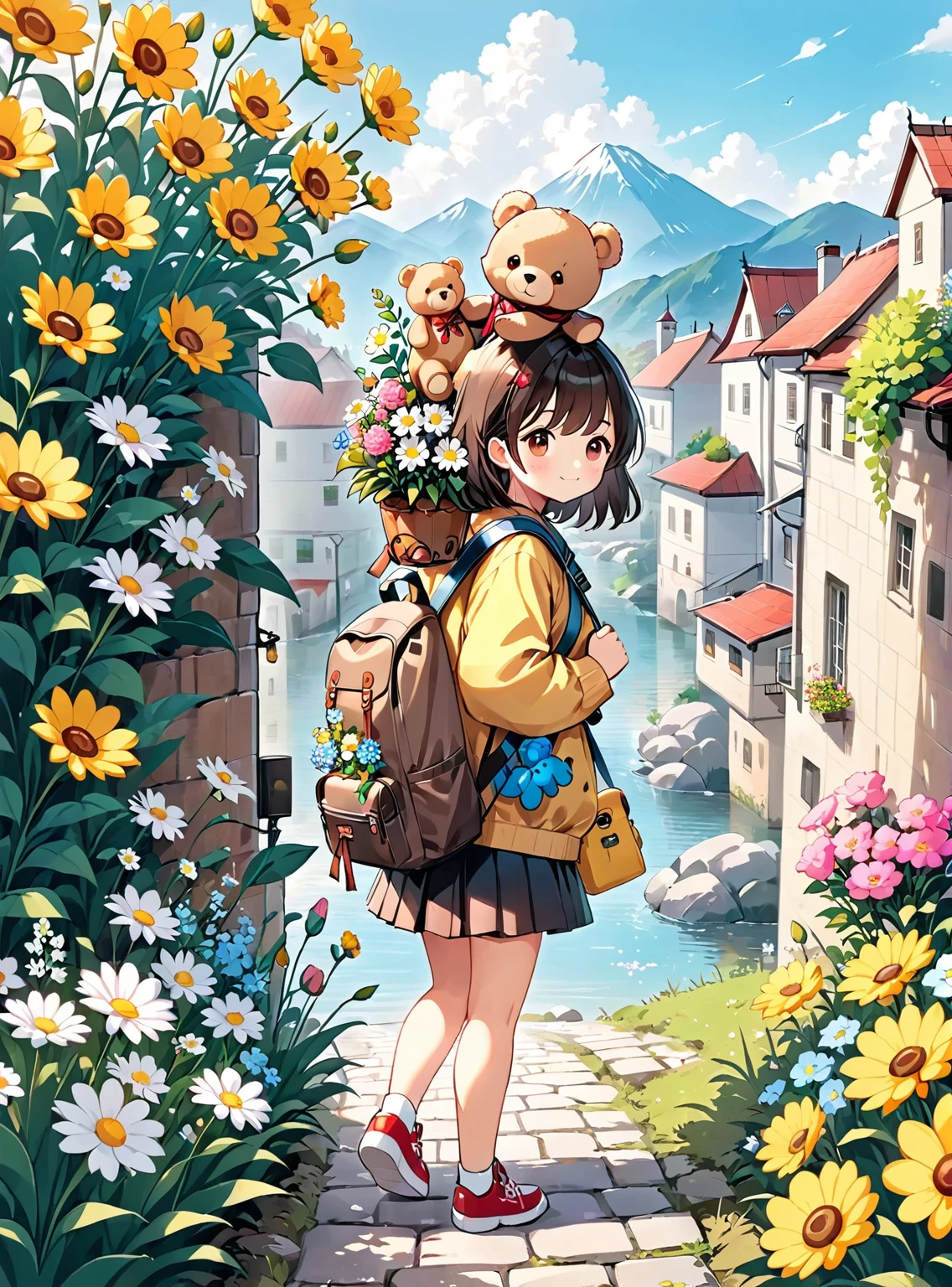 Cartoon with backpack, flowers and teddy bear, Cute art style, Cute digital art, Carrying flowers, Cute cartoon, With flowers, By Niduan, Choi Book, Cute artwork, Holding flowers, by Eizan It's a gift, Adorable digital painting, Cute and detailed digital art, Jan J, Picking flowers, Cute and adorable
