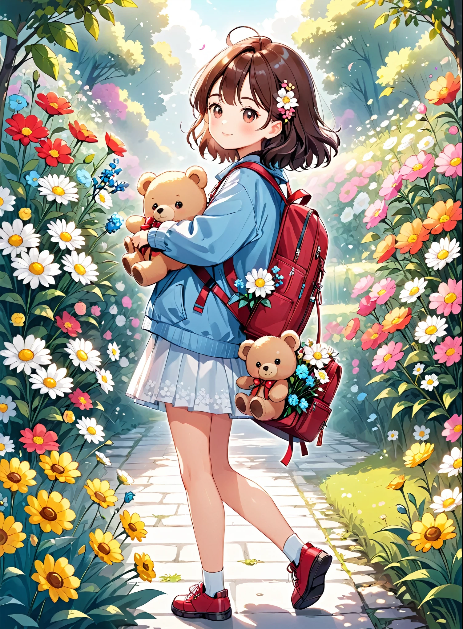 Cartoon with backpack, flowers and teddy bear, Cute art style, Cute digital art, Carrying flowers, Cute cartoon, With flowers, By Niduan, Choi Book, Cute artwork, Holding flowers, by Eizan It's a gift, Adorable digital painting, Cute and detailed digital art, Jan J, Picking flowers, Cute and adorable