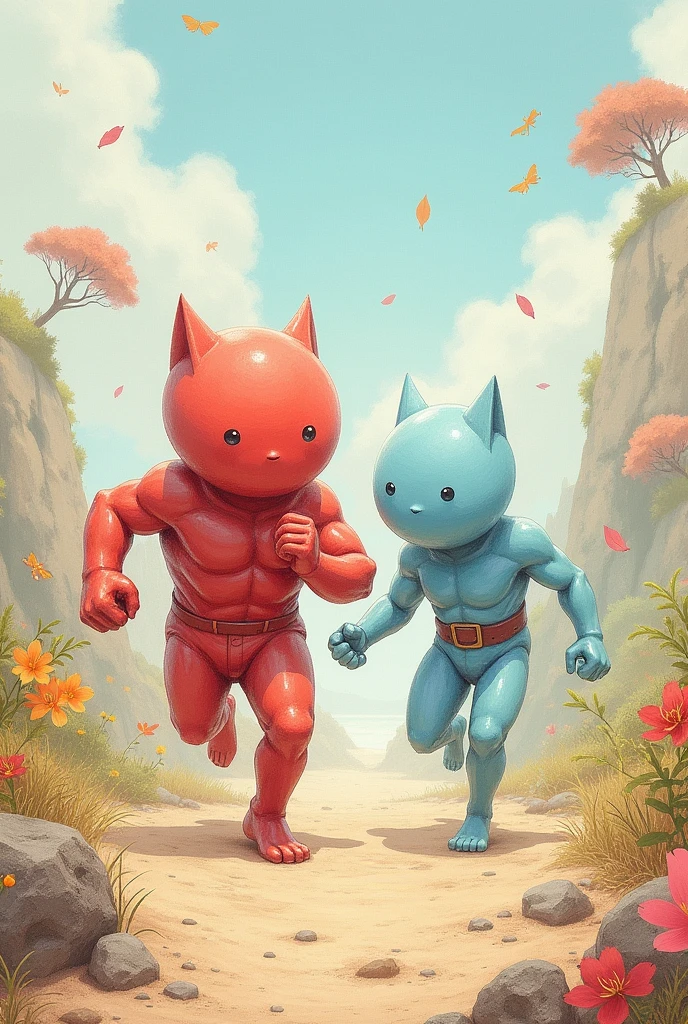 draw in pencil and create two cute characters, they must be formless non-human beings . Strength and Movement they are friend adventurers. Strength robust red and Movement light blue, these on a fantastic land of Energyland, where the laws of physics came to life, it must be cute for with running poses