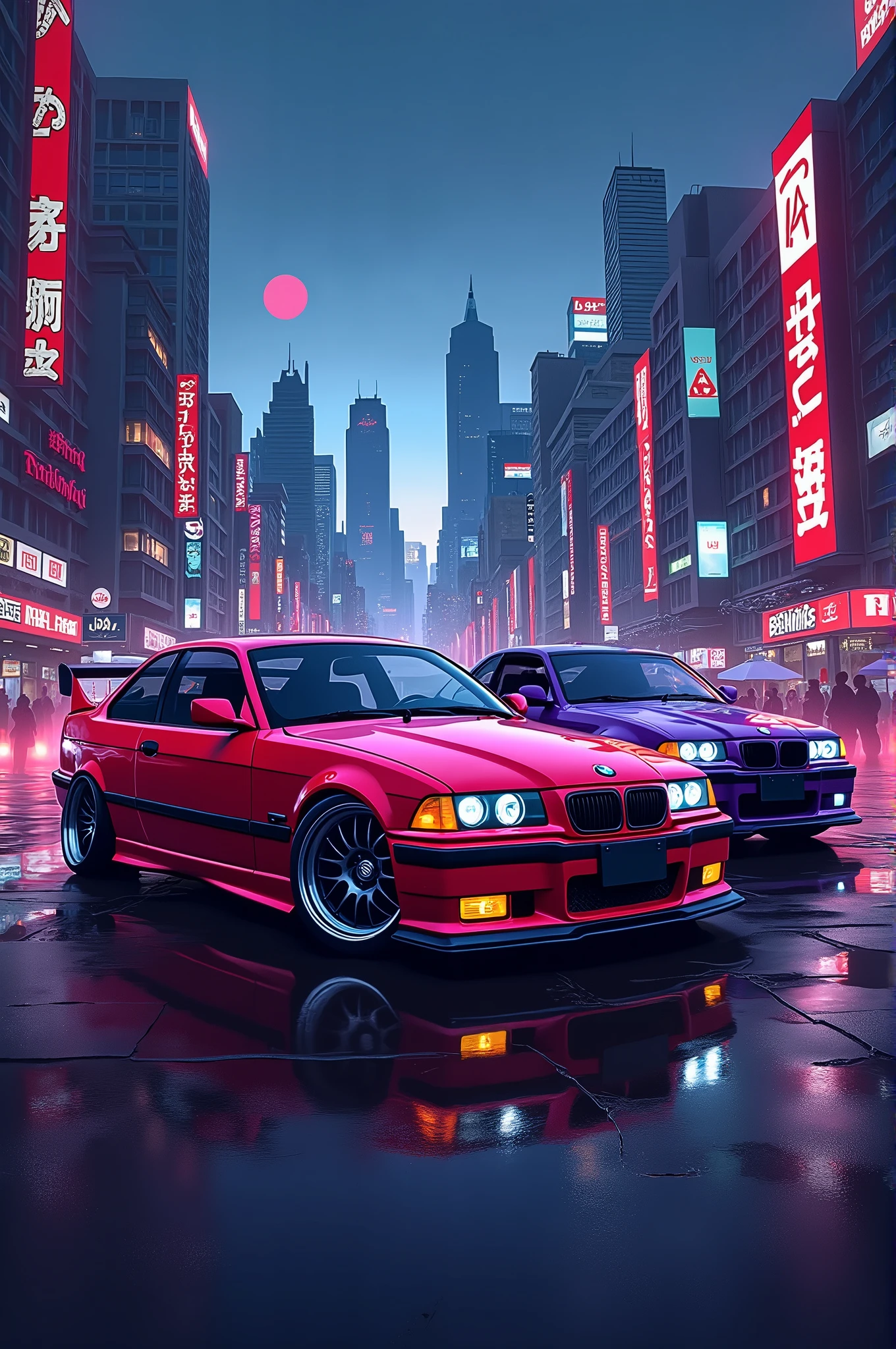 I want a logo for an Instagram profile picture of a car group called Most Wanted Team, com 2 bmw e36 m3, one red and the other purple, e uma bmw e46 m3 na cor preta, with the background of cars a big city