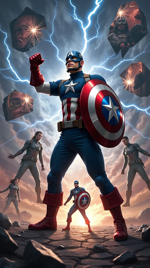 Clareza e Especificidade no Prompt: Captain America stands at the center of the image, with his shield raised defensively as the world around him begins to distort and fracture. The scene focuses on the chaos of time collapsing in on itself, with multiple versions of events and characters from different timelines converging.
Detalhes Visuais: Captain America is depicted in his full suit, standing firm with his shield glowing faintly from the energy of the Reality Stone embedded within it. His expression is one of shock and determination as he watches time begin to unravel. Around him, the environment should show fractured pieces of reality—shards of glass-like time fragments that reflect different moments of his life. These fragments should include distorted images of his battles, allies, and key moments, all blending and overlapping in a chaotic yet controlled manner.
Contexto e Composição: The composition centers on Captain America, but the background is filled with swirling, fragmented images and temporal distortions. The perspective should be slightly above, looking down at Captain America, emphasizing the disorienting effect of the paradox forming around him. Various temporal versions of himself might appear, each slightly out of sync, adding to the visual complexity.
Atenção ao Ambiente: The environment around Captain America should be a chaotic mix of timelines colliding. The ground beneath him cracks and splinters, with fragments of past and future scenes merging together. The sky is split into different colors and times of day—daylight on one side, night on the other, with a twilight zone in between where stars and the sun coexist. Lightning and temporal energy arcs through the sky, connecting the fragments of time like electrical currents.
Referências Emocionais: The atmosphere is tense and chaotic, filled with a sense of impending disaster. Captain America's posture is defensive, as if he’s bracing against a force beyond his control. His eyes reflect