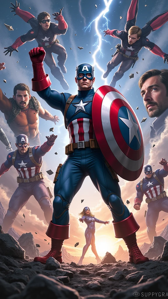 Clareza e Especificidade no Prompt: Captain America stands at the center of the image, with his shield raised defensively as the world around him begins to distort and fracture. The scene focuses on the chaos of time collapsing in on itself, with multiple versions of events and characters from different timelines converging.

Detalhes Visuais: Captain America is depicted in his full suit, standing firm with his shield glowing faintly from the energy of the Reality Stone embedded within it. His expression is one of shock and determination as he watches time begin to unravel. Around him, the environment should show fractured pieces of reality—shards of glass-like time fragments that reflect different moments of his life. These fragments should include distorted images of his battles, allies, and key moments, all blending and overlapping in a chaotic yet controlled manner.

Contexto e Composição: The composition centers on Captain America, but the background is filled with swirling, fragmented images and temporal distortions. The perspective should be slightly above, looking down at Captain America, emphasizing the disorienting effect of the paradox forming around him. Various temporal versions of himself might appear, each slightly out of sync, adding to the visual complexity.

Atenção ao Ambiente: The environment around Captain America should be a chaotic mix of timelines colliding. The ground beneath him cracks and splinters, with fragments of past and future scenes merging together. The sky is split into different colors and times of day—daylight on one side, night on the other, with a twilight zone in between where stars and the sun coexist. Lightning and temporal energy arcs through the sky, connecting the fragments of time like electrical currents.

Referências Emocionais: The atmosphere is tense and chaotic, filled with a sense of impending disaster. Captain America's posture is defensive, as if he’s bracing against a force beyond his control. His eyes reflect 