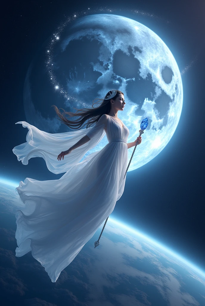 A radiant Goddess of the Moon, her ethereal form floating gracefully in the atmospheric embrace of Earth's night sky. Her skin is a luminous pearlescent white, reflecting the soft glow of the moon she so elegantly embodies. She is adorned with a flowing, translucent gown that billows around her, the fabric waving gently in the cosmic breeze. A silver crescent moon is nestled in her dark hair, which streams out like a river of stars, blending seamlessly with the surrounding space. Her eyes are pools of deep blue, mirroring the tranquil ocean on Earth's surface. The atmosphere is alive with a soft luminescence, a blend of moonlit blues and twilight purples that dance around her, hinting at the presence of auroras. The Goddess holds a staff of crystal, topped with a gleaming moonstone that resonates with the same pulsing light as the celestial body she represents. The scene is framed by the stark contrast of the inky blackness of space, with distant stars twinkling like diamond dust scattered across the velvet backdrop. Below her, the planet's curvature is visible, with swirling cloud patterns and the stark lines of continents etched into the darkness. The Goddess's serene smile suggests a quiet contemplation of the nocturnal beauty she oversees, a silent guardian of the night, forever intertwined with the moon's eternal cycle.