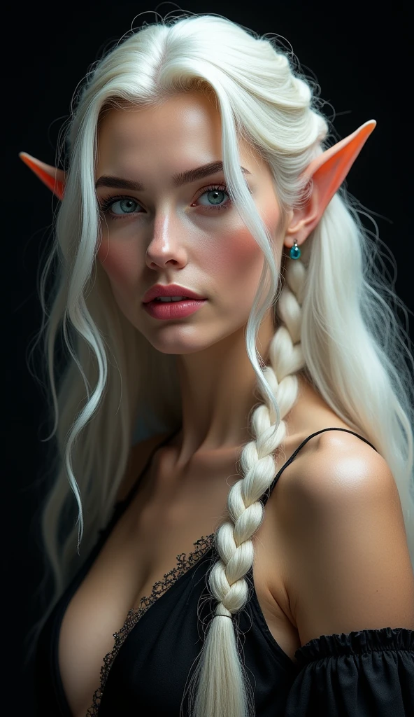 HYBRID FACE BETWEEN CLAUDIA SCHIFFER AND GISELE BUNDCHEN , BUST IMAGE STYLE, STUDIO IMAGE STYLE, BLACK INFINITE BACKGROUND, DIFFUSED LIGHTS ON FACE, STRONG BACK LIGHTS, CLOSE FACE SHOT, PLATINUM LONG HAIR, HUGE STRAIGHT LONG HAIR, BRAID HAIR STYLE, PLATINUM EYEBROWS, VERY PALE SKIN, ELF WOMEN, TOLKIEN MITHOLOGY, EXPOSED TIP EARS, HIGH CHEEKBONES, ROSY CHEEKS, GORGEOUS LIPS, SOFT LIPSTICK, FREE COLLAR BODY REGION, VOLUMOUS BREASTS, STRAPLESS CLEAVAGE, ENIGMATIC FACE EXPRESSION, HIGH QUALITY IMAGE, MASTERPIECE, 8K