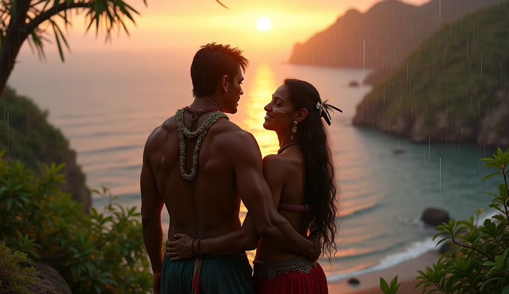 Brazilian Indian looking at the sea; sunset, hugging your partner; rain falling