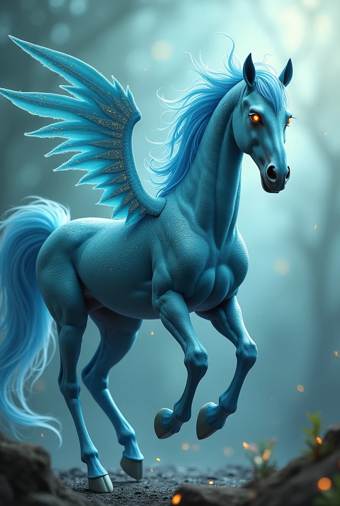 A blue horse with wings and fins on its body and eyes on fire 