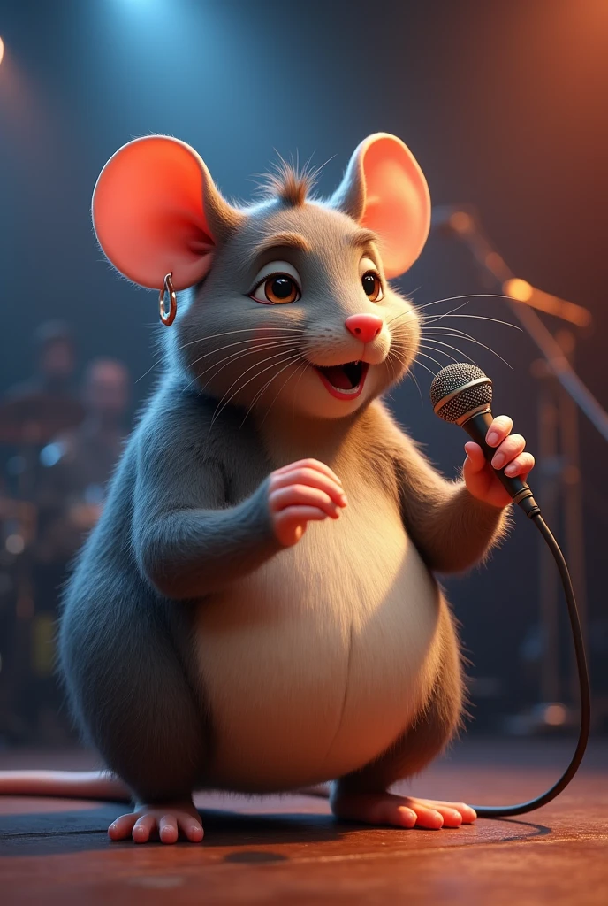 Fat man with realistic humanoid rat face wearing earrings and doing animation with a microphone in a show