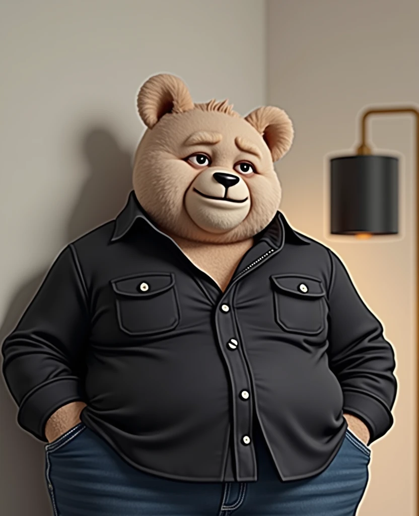 3D illustration of a tall, chubby 5 teddy bear dressed in a black shirt and jeans, black sneakers with white details, nerdy, middle-aged, with a wise face and a beautiful smile, in 4K. The illustration should have an adult, sophisticated style