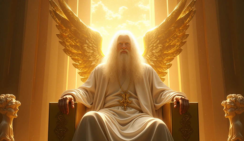 God with his hair as white as snow, His face is hidden by pure light, seated on his golden thrown, with Cherubim and Seraphim around him, God is vast, 32K UHD, Style Raw, detailed, masterpiece, realistic, your golden sign written "king of kings , Lord of Lords " Its resplendent light capable of blinding any vision