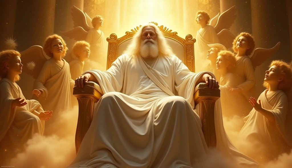 God with his hair as white as snow, His face is hidden by pure light, seated on his golden thrown, with Cherubim and Seraphim around him, God is vast, 32K UHD, Style Raw, detailed, masterpiece, realistic, your golden sign written "king of kings , Lord of Lords " Its resplendent light capable of blinding any vision