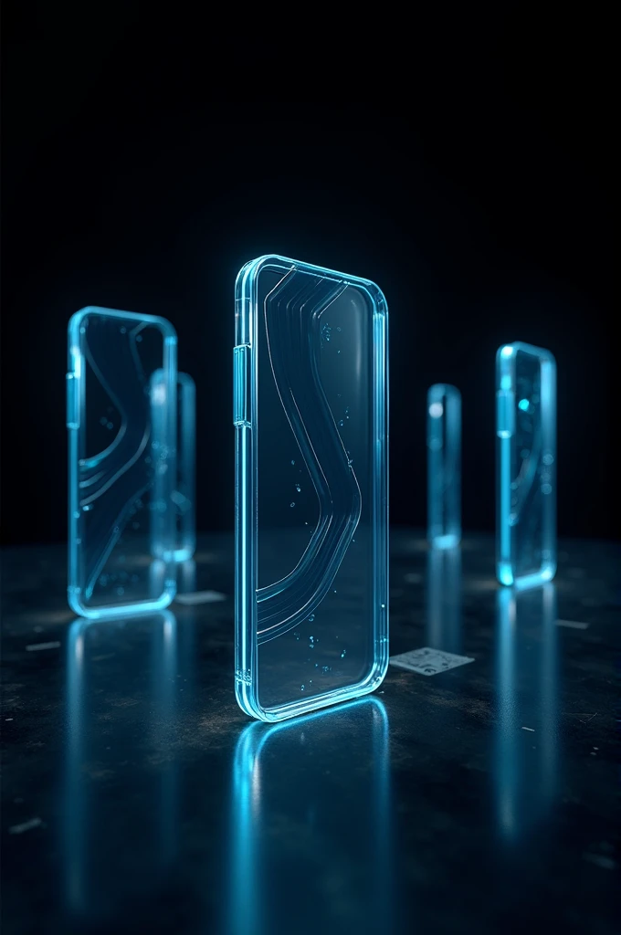 Several glass cell phones with blue lines on a black background