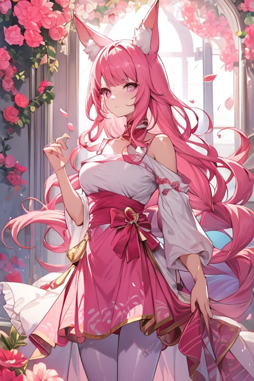 An adult woman with pink eyes, long bright pink hair with fox ears. Wears an elegant dress. She must be wearing a pink leggings. she comes from wonderland