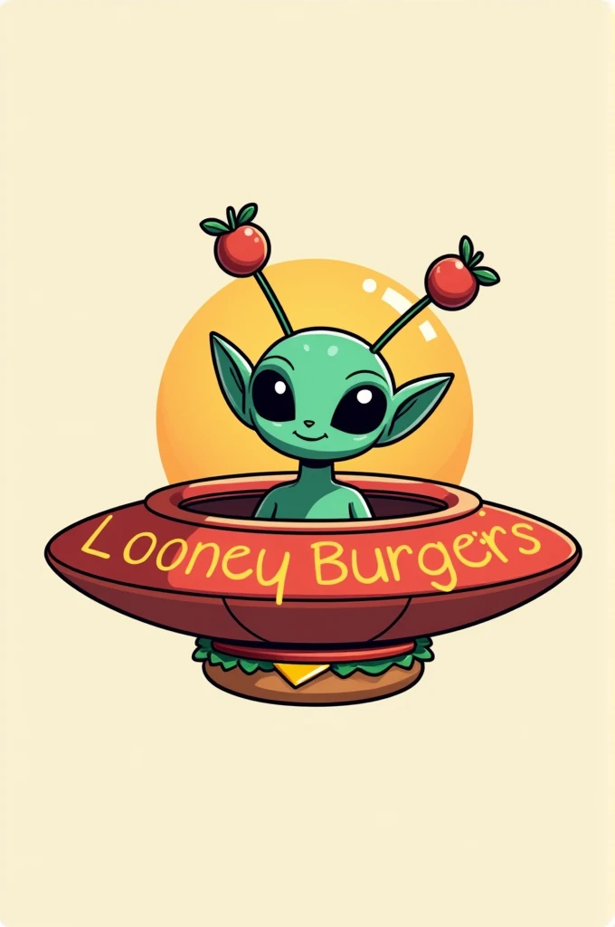 A logo for a hamburgers business called "Looney Burguers". The main element is friendly extraterrestrial being with with vegetals skewer antennas . The being is inside an UFO-shaped spaceship that is a hamburger. The text "Looney Burguers" is written on the spaceship. There is not background