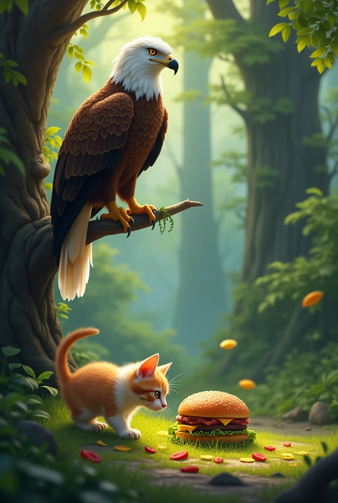 do the same thing to the kitten finding a hamburger, but an eagle from a tree