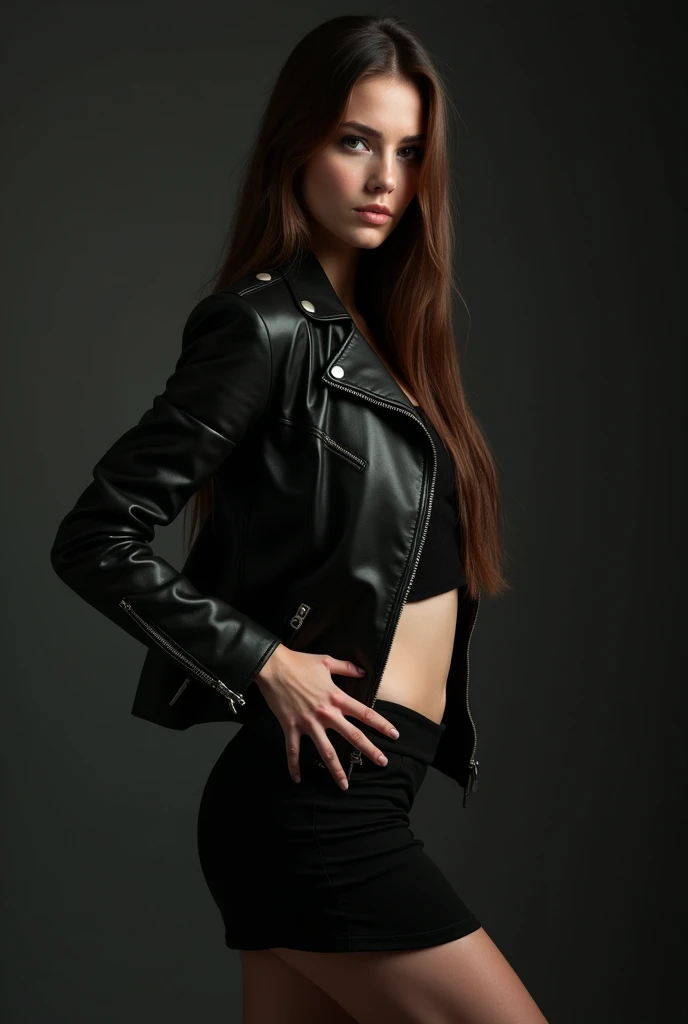 cute white skinned girl. beautiful grunge queen with long straight brown hair on sensual or sugestive pose on black plastic jacket on sexy pose with black leather jacket and mini skirt posing for a picture with her hands on her hips and her back turned, Eve Ryder, american barbizon school, black, a digital rendering