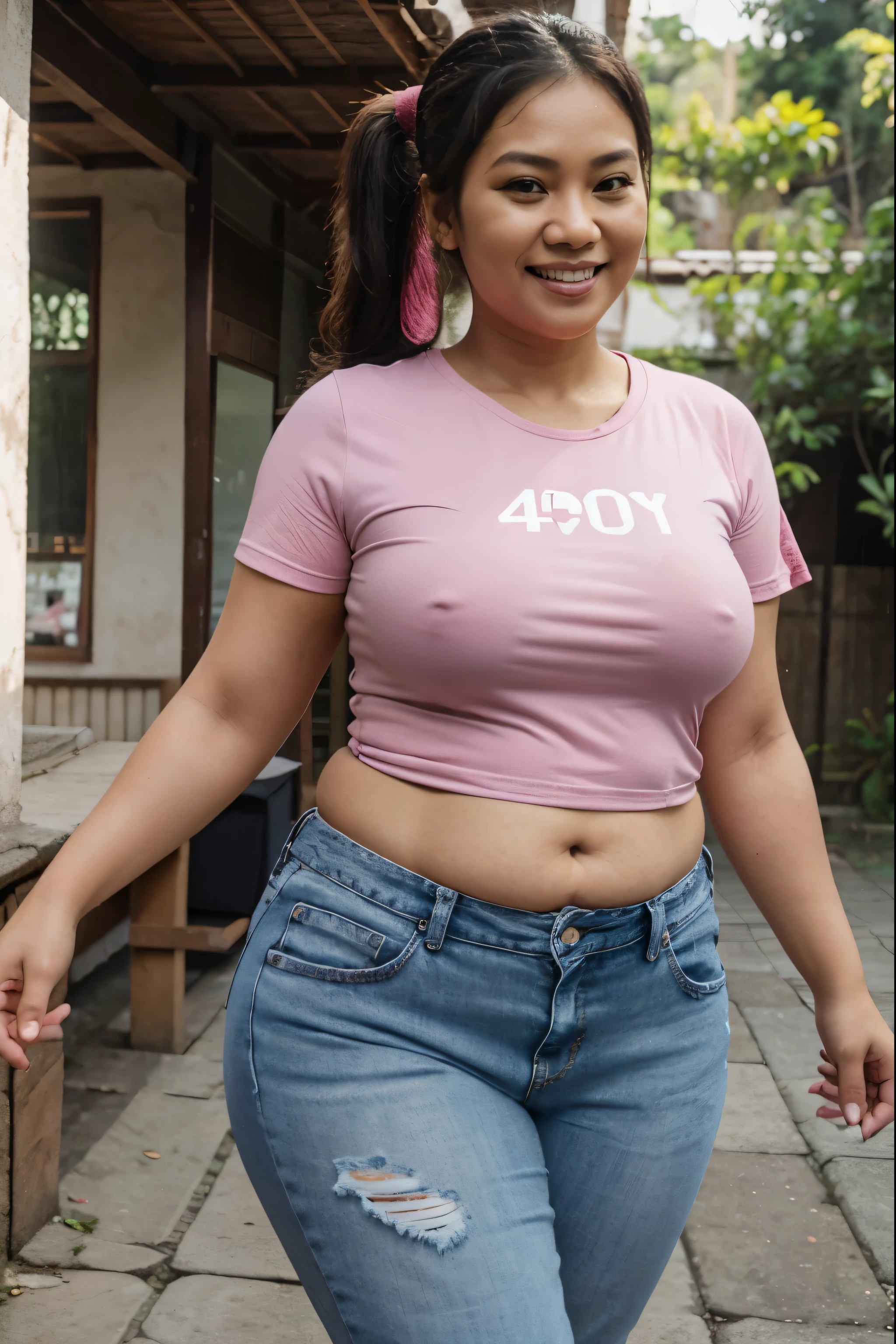  RAW Photo, 40 Year Old Indonesian Woman, Fat, Chubby, Sexy, Hair in a ponytail, Wearing a Sexy pink sports T-shirt, Ripped Jeans, Happy Smile, Outdoor.