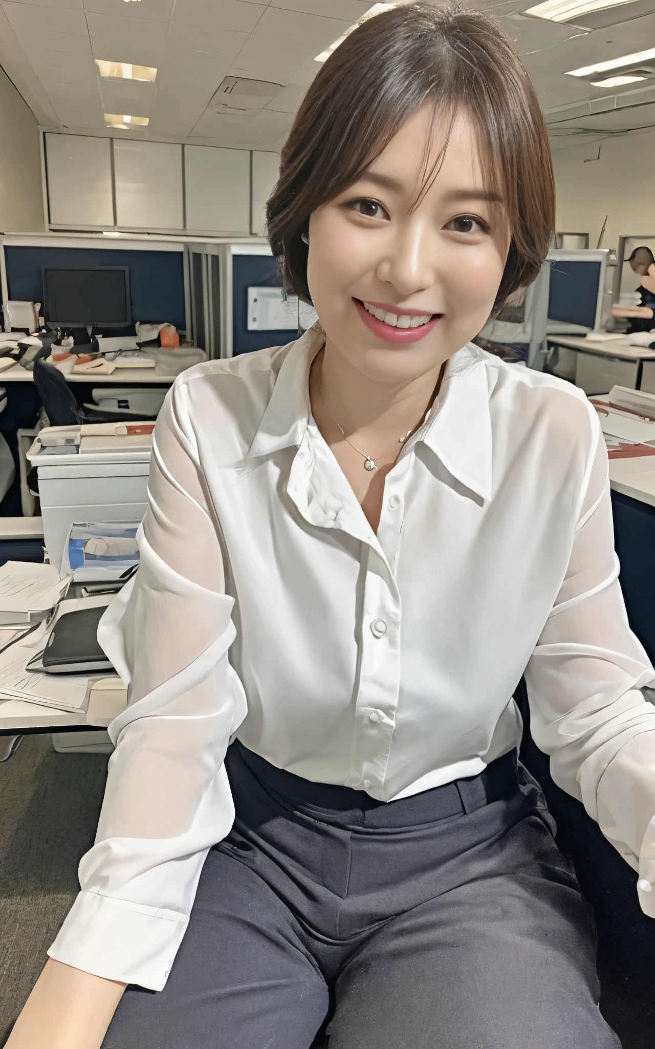 ((Best Quality, 8k, Masterpiecedetails, ultra-high resolution)), (looking at the viewer), (full shot:), attractive business 1 milf sitting down on office, desk, a bit chubby:0.25, white collared shirt, grey long pants, (laying down on office desks)), smile, office of CEO,