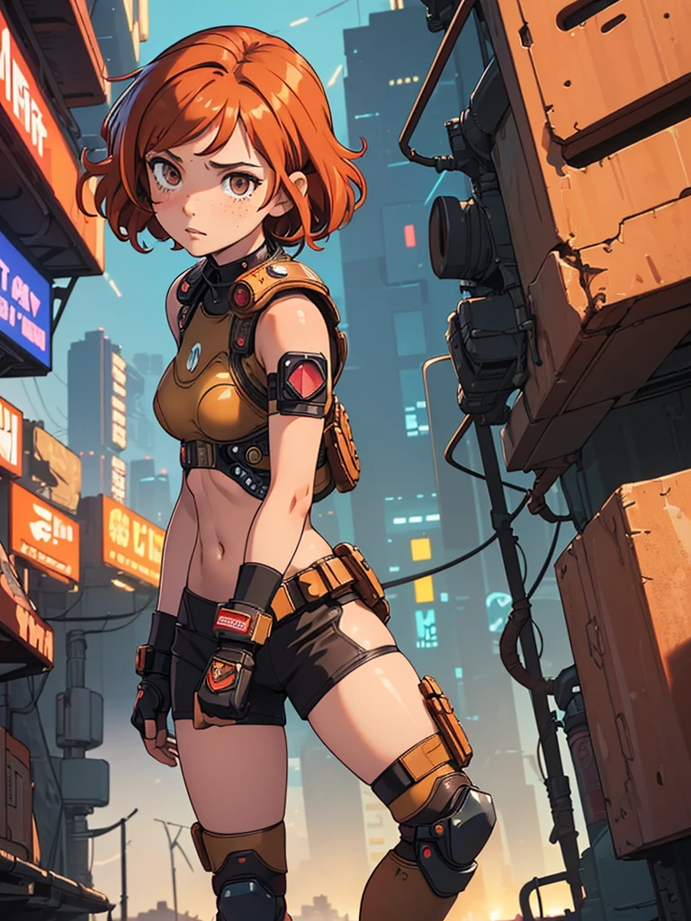 (masterpiece), (best quality), ((one girl)), red copper hair,(brown eyes),short hair, curly hair, anime style, freckles, (small breast), (petite figure),knee pads, legs, (desert background)), ((cyberpunk outfit)),knee guard pads, (almond eyes) ,( tan skin) , fighting gloves