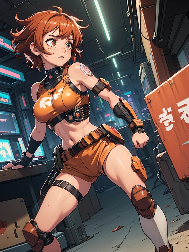(masterpiece), (best quality), ((one girl)), red copper hair,(brown eyes),short hair, curly hair, anime style, freckles, (small breast), (petite figure),knee pads, legs, (desert background)), ((cyberpunk outfit)),knee guard pads, (almond eyes) ,( tan skin) , fighting gloves