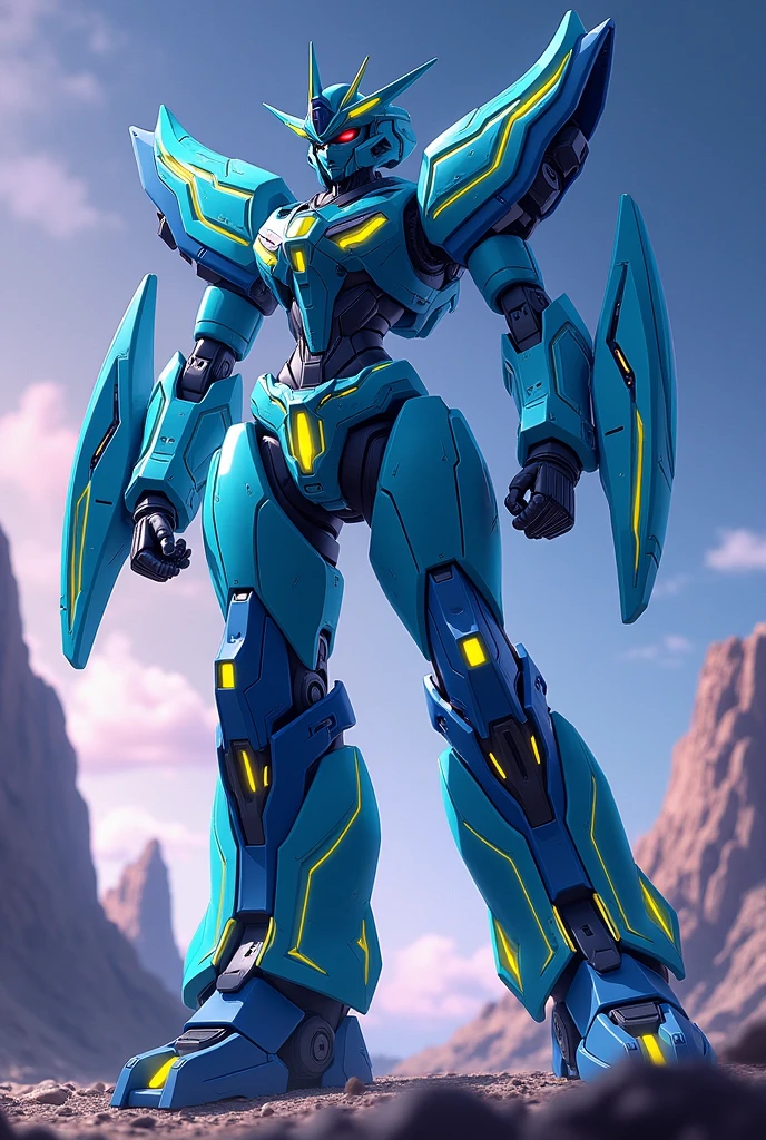 Navy, Fluorescent Cyan, anime, Giant Robot, Uplifting,Junmin, Full body image of a female super robot fighting, , Simple Background,universe, 