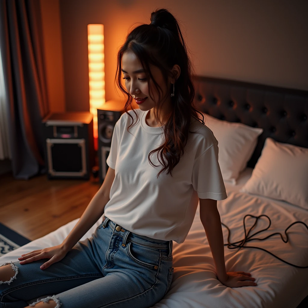 Beautiful young asian girl deejay, in white t-shirt and jeans pants. admitted to a bed with a stretcher and inferneiras inside a music studio with the cables connected to her body