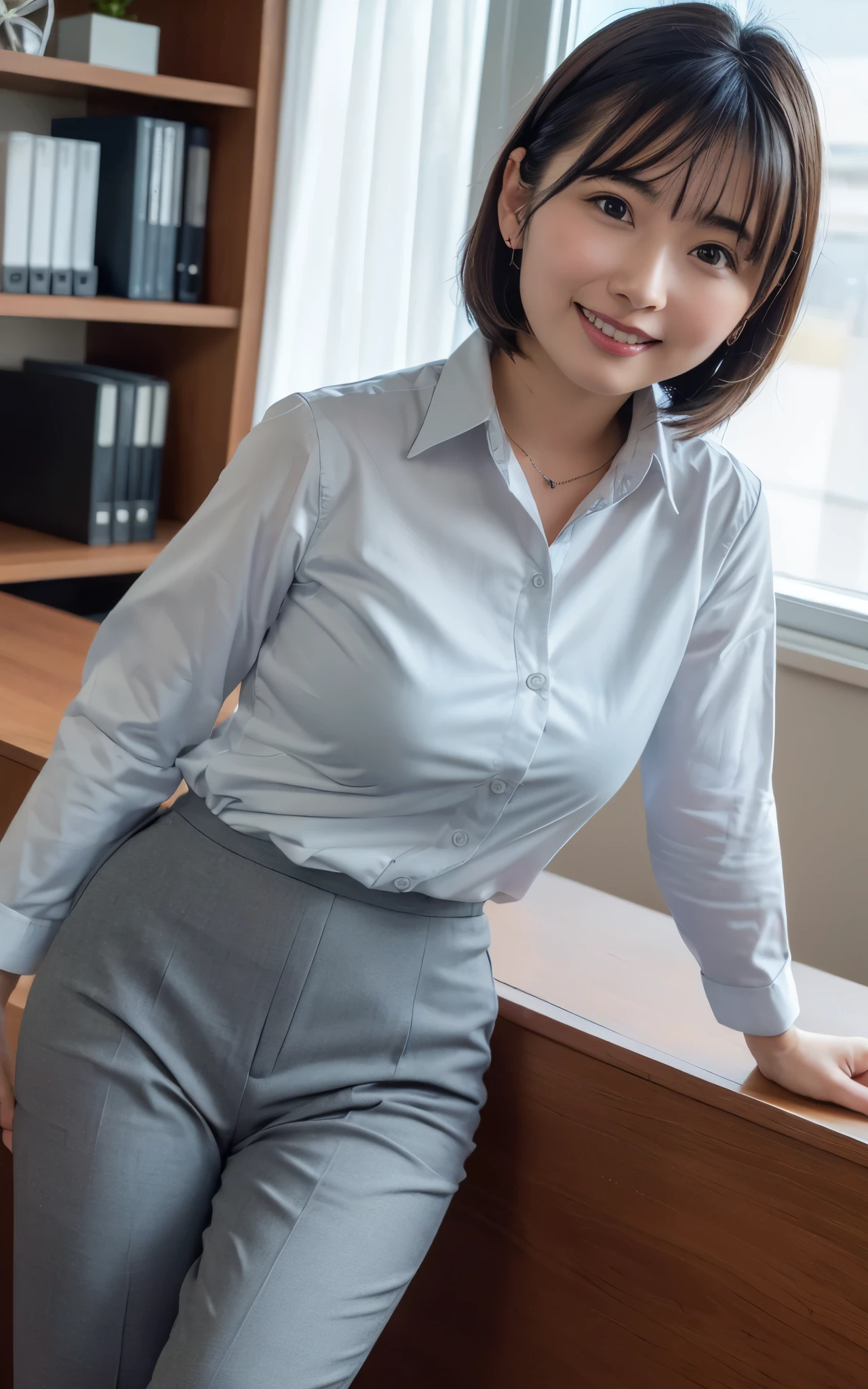 ((Best Quality, 8k, Masterpiecedetails, ultra-high resolution)), (looking at the viewer), (full shot:), attractive business 1 milf stting down on office, desk, a bit chubby:0.25, white collared shirt, grey long pants, (laying down on office desks)), smile, office of CEO,