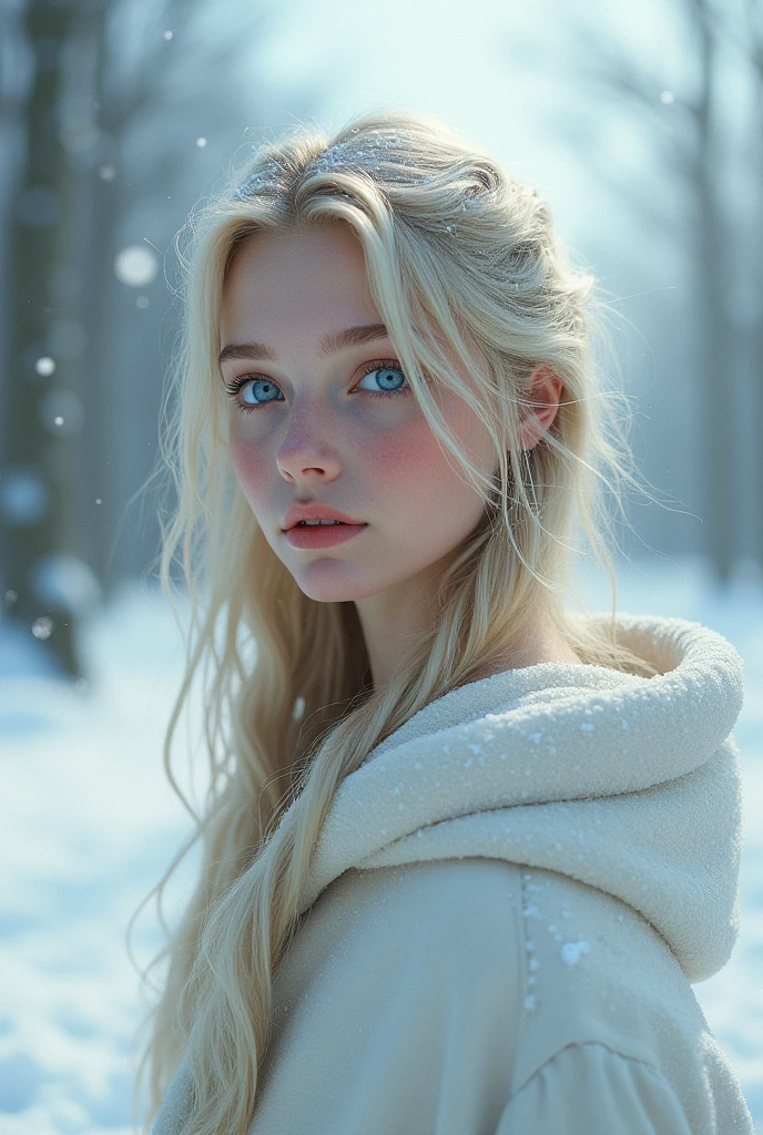 Beutiful girl blue eyes and snow