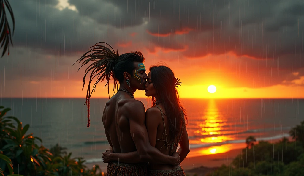 Amazon Brazilian Indian looking at the sea; sunset, hugging your partner; rain falling