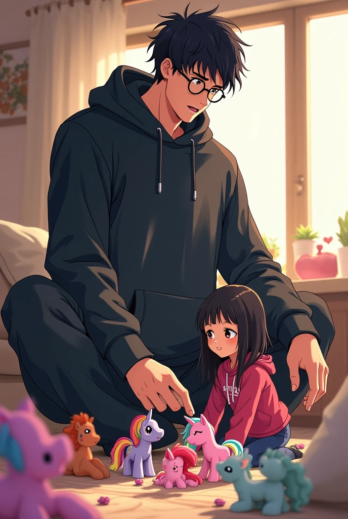 Fassa is an extremely tall and strong teenage man wearing a dark black sweatshirt and sweatpants and round glasses and messy dark hair down to his neck and brown eyes while he is playing with a straight-haired black child with both of them having a lot of fun while both of them play with some My Little Pony toys
((Draw with an anime art style))