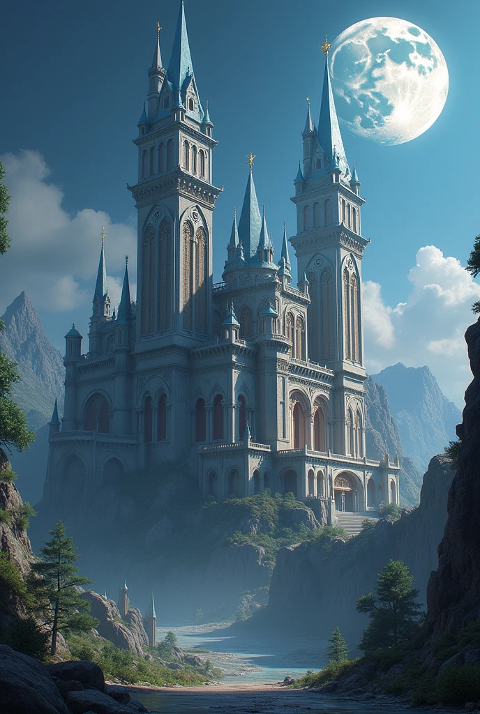 Create a mystical and fantastic castle in 3D .
With symbols and astrological meanings of the planet moon With two equal tallest towers main