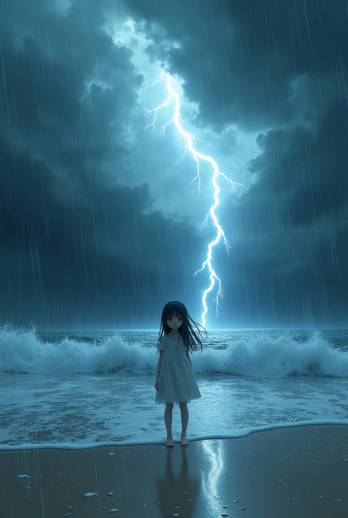 Girl with long black hair and bangs, brown in color with small chest, on the beach in the middle of a storm of lightning and rain
