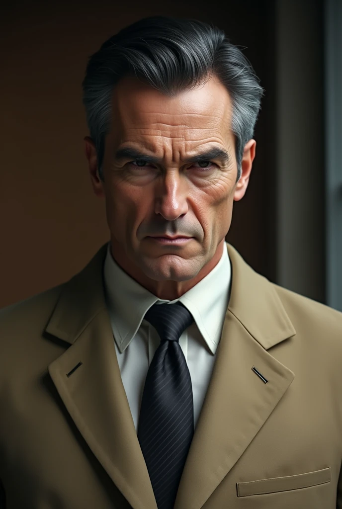 Male in his 40s No glasses Beardless Black hair mixed with gray hair Khaki Suit Take off your glasses Shave your beard A cruel look Beardless!Narrow eye pupils I don't need a beard Narrow your eye pupils Man without a beard No mustache