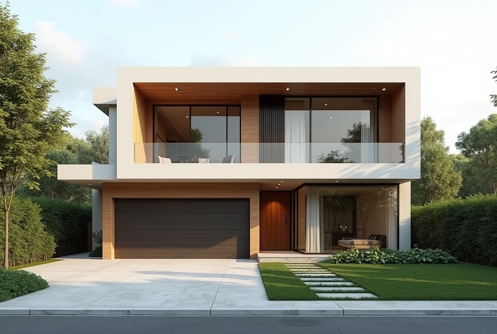 "Design a minimalist and futuristic two-story house with a sleek facade featuring large windows and modernist wooden details, the entrance door to the house is wide made of minimalist mahogany wood. The house includes a spacious garage and a large front garden. The ground floor layout consists of an open-plan living room, dining room, study room, spacious kitchen, and a half bathroom. At the back, there is a well-kept garden with a laundry room, each with its own en-suite bathroom, a master bedroom with an en-suite bathroom and dressing room, a small sliding terrace, and a games room. The design incorporates clean lines, minimalist furniture, and a seamless connection between indoor and outdoor with nature" shows the photograph at a 3/4 angle.