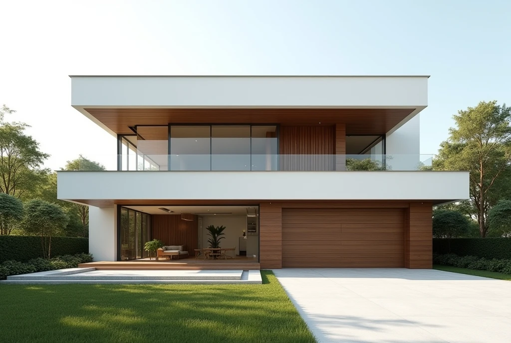 "Design a minimalist and futuristic two-story house with a sleek facade featuring large windows and modernist wooden details, the entrance door to the house is wide made of minimalist mahogany wood. The house includes a spacious garage and a large front garden. The ground floor layout consists of an open-plan living room, dining room, study room, spacious kitchen, and a half bathroom. At the back, there is a well-kept garden with a laundry room, each with its own en-suite bathroom, a master bedroom with an en-suite bathroom and dressing room, a small sliding terrace, and a games room. The design incorporates clean lines, minimalist furniture, and a seamless connection between indoor and outdoor with nature" shows the photograph at a 3/4 angle.