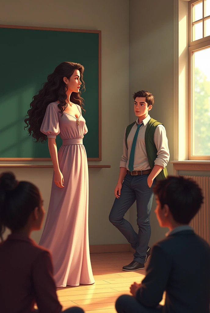 There were some young students sitting on the floor of a room, standing, facing them, they heard a brunette woman, with long curly hair, speak with authority and delicacy, This woman was wearing a beautiful long dress, Near one of the windows, on the right side of the woman there was a man leaning against the window, observing the moment.