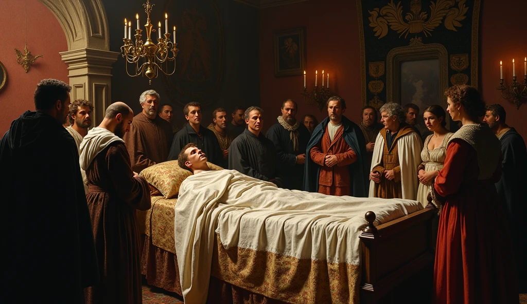 Create a highly detailed painting in the style of Edmund Blair Leighton that depicts the poignant scene of King Charles IV of France on his deathbed. The king, frail and pale, lies in an opulent bed draped with rich fabrics and adorned with the royal fleur-de-lis. His face reflects the gravity of the moment. Surrounding the bed, a group of anxious and somber-faced courtiers, nobles, and clergy are gathered, their postures and expressions revealing the fear and uncertainty about the future of the French throne. The background features dim, flickering candlelight that casts long shadows, adding to the solemn atmosphere. The room is filled with luxurious medieval decor, with tapestries and heraldic banners hanging from the walls, symbolizing the grandeur of the monarchy now at a perilous crossroads., Surrealism, Hyperrealism, UHD, retina, masterpiece, accurate, anatomically correct, textured skin, super detail, high quality, 16k