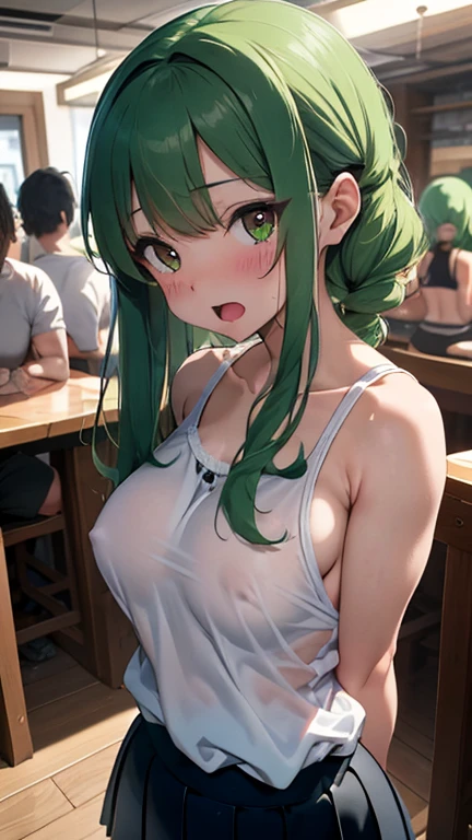 mastute piece,Best Quality,insanely detailed,8k cg,nsfw,
(shoot upper body:1.3),
(1girls:1.3),standing,looking at viewr,body in front,((both arms behind back:1.4)),(green dirandl:1.4),ディアンドル、break,
blush,shy,(ecstasy face),(trembling:1.2),break,(light green hair:1.4),
break,
perfect breasts,perfect teats,(open mouth:0.9),(large breasts:1.2),
(beerhall:1.1),