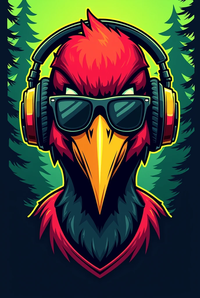 A cartoon illustration of a woodpecker's face, with a more aggressive look, wearing aviator sunglasses, e headphones, to be used as a vest patch for a forestry engineering athletic team. The feathers on the woodpecker's head should be red and black., and the long yellow beak. Place trees in the background and create an illustration with a neon balance of green and red colors.