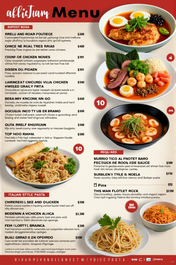 By davor, I want you to create a restaurant menu, with the following information:
- 1. Japanese style ramen.
- - Shoyu Ramen. (With boiled and smoked pork rolls in sweet sauce) 25 bs.
- katsu ramen (con empanado de Chicken frito super crocante) 25 bs.
- ebi furai ramen (with crispy Japanese style prawns) 35 bs.
- 2. Arroz salteado al Chinese style. You choose your meat of choice.
-Chicken 25 bs.
-res 25 bs.
-Shrimp 30 bs.
-mixed 35 bs.
- 3. Stir-fried noodles, Chinese style.
- Meat of choice: Chicken, res, Shrimp, mixed.
-Chicken 25 bs.
-res 25 bs.
-Shrimp 30 bs.
-mixed 35 bs.
- 4. Spaghetti al estilo italiano con Chicken o Shrimp. Accompanied with garlic bread and your choice of sauce (red sauce, white sauce)
-Chicken 30 bs -Shrimp 35 bs.