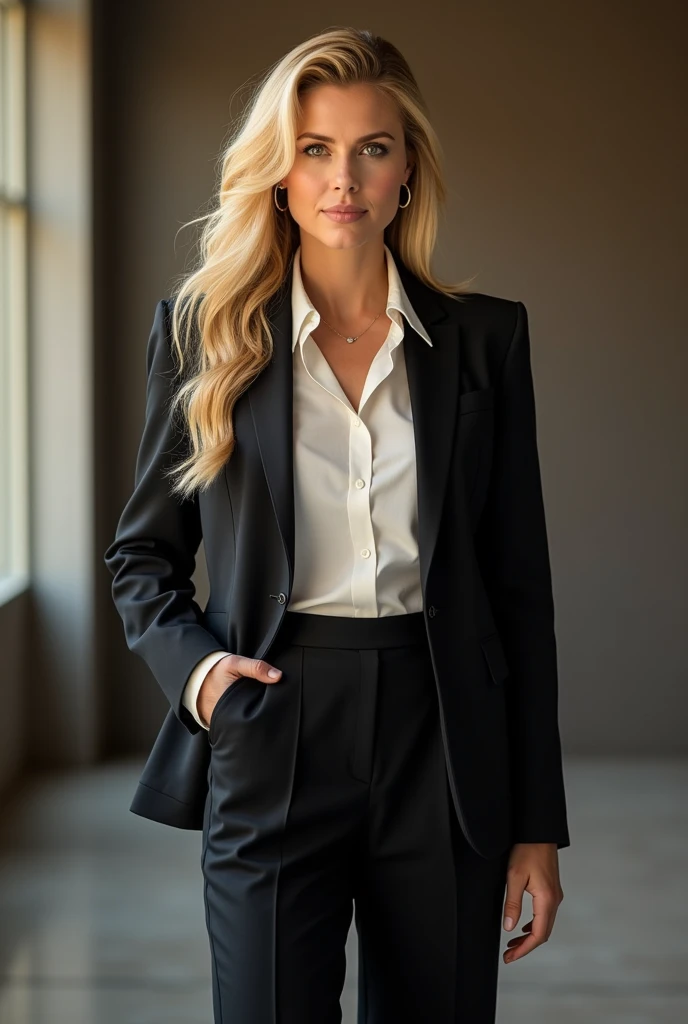 Drew Barrymore dressed in a blazer and dress pants