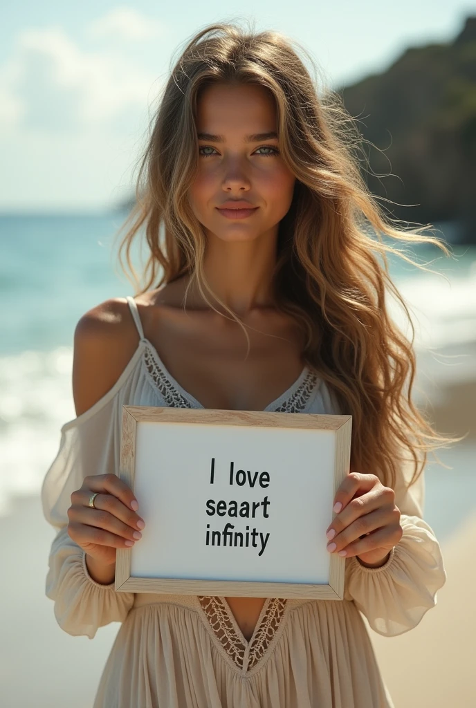 Beautiful girl with wavy long hair, bohemian dress, holding a white board with text "I Love Seaart Infinity" and showing it to the viewer