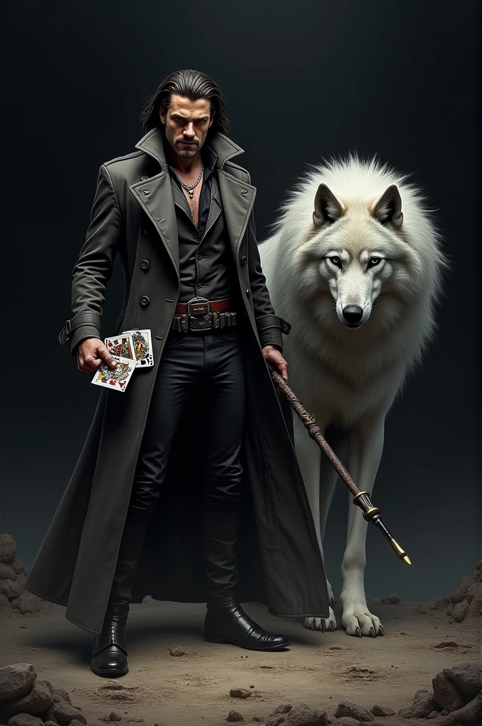 Gambit and a wolf with a black landscape background
