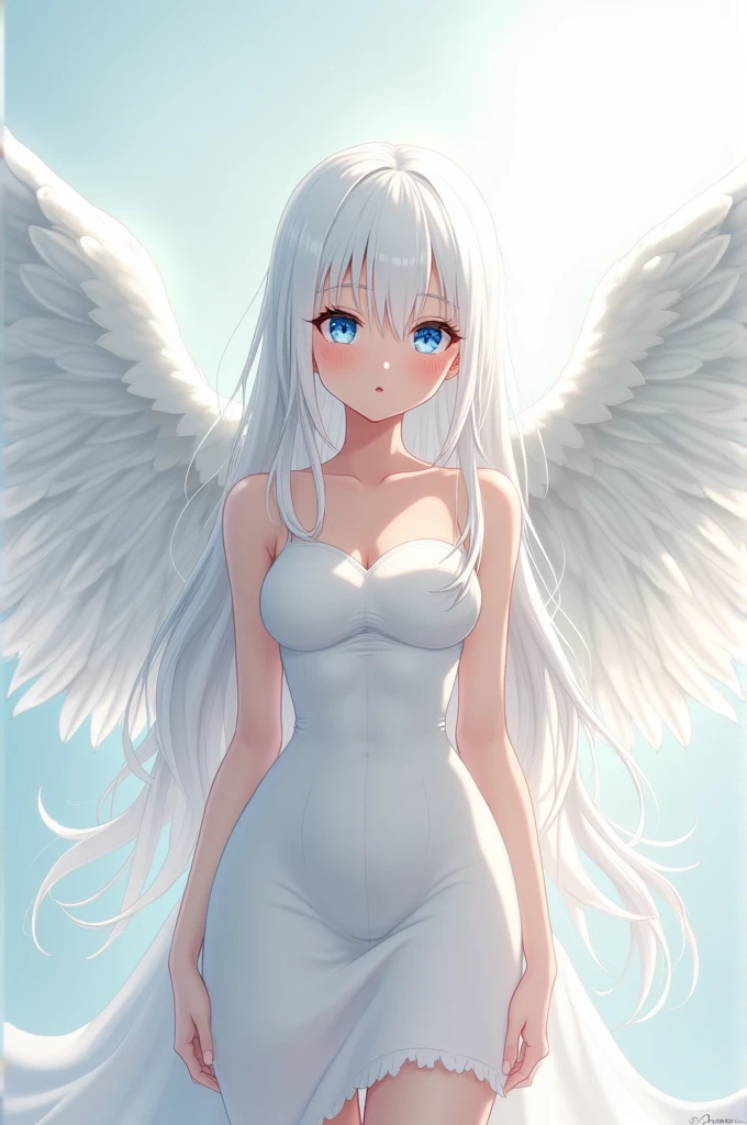Albino anime style teenage girl with long white hair and parted bangs, with blue eyes and long eyelashes, with a very beautiful and tender kind face, height of 1.55cm, with big breasts, slim waist and big hips, with large white dove wings on its back that help it fly